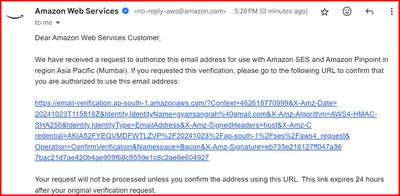 Picture showing the verification email on the specified email address